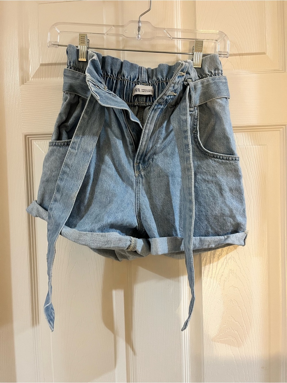 ZARA - Light Blue Denim Paperbag Waist Shorts with Tie Belt